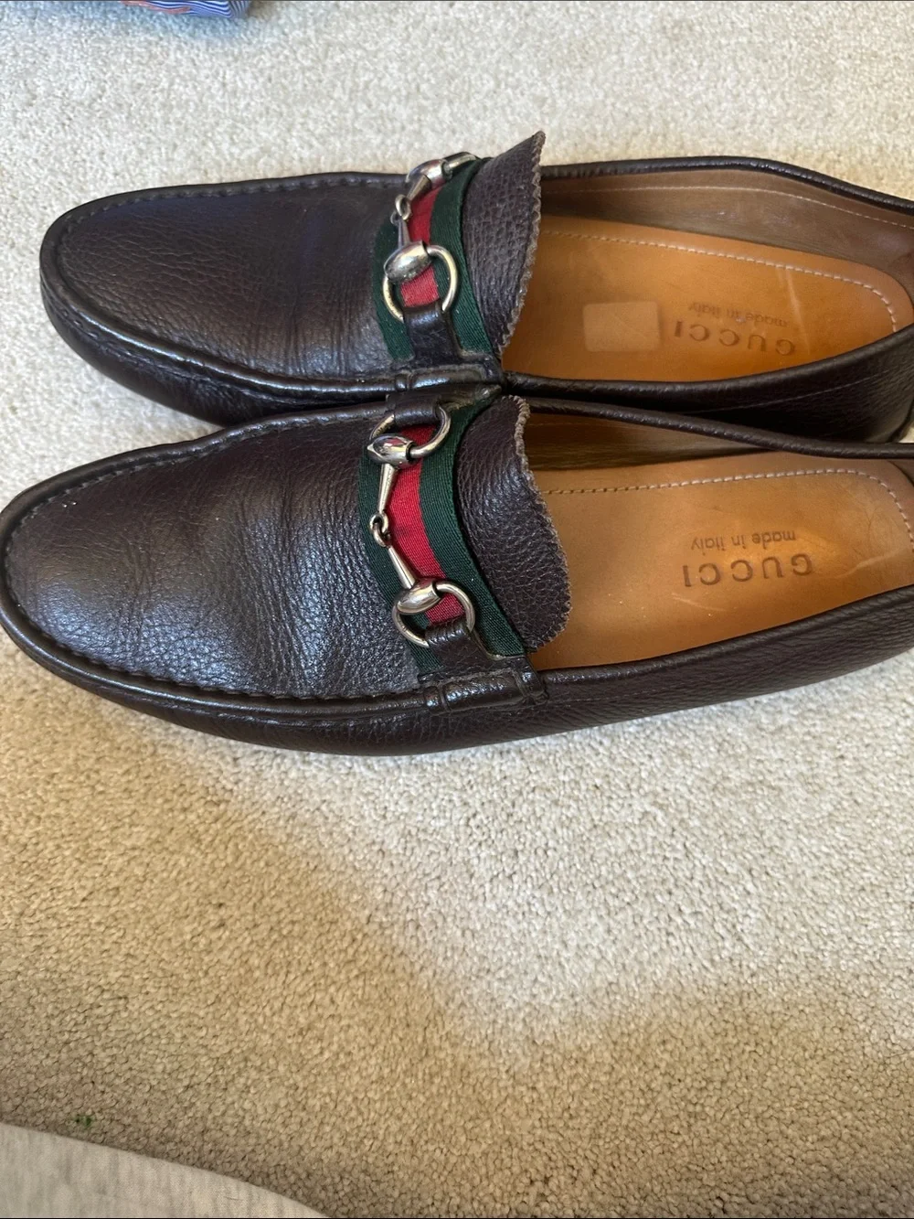 Gucci Brown Leather Horsebit Loafers with Green-Red Web